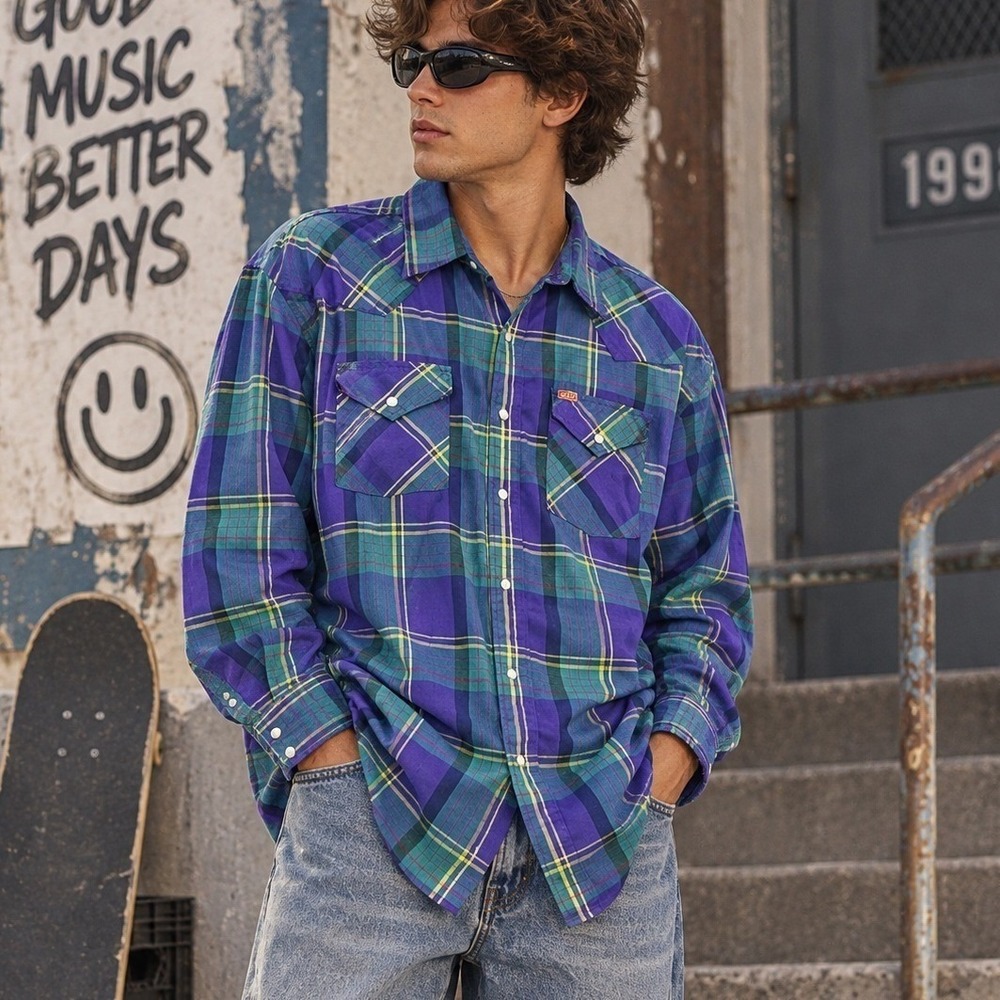 VTG ELY PLAINS Western Shirt Men XL 17 34/35 Pearl Snap Blue Plaid Cowboy Rodeo